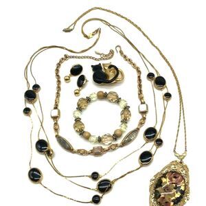 Quality Fashion Jewelry Bundle- Gold Tone Warm & Black Accent With Cat Brooch